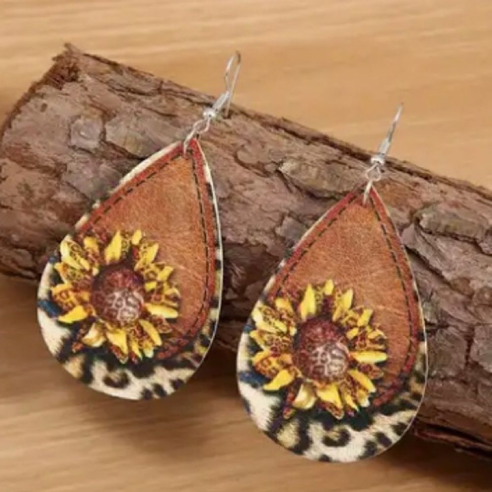 Sunflower Faux Leather Leopard Print Earrings